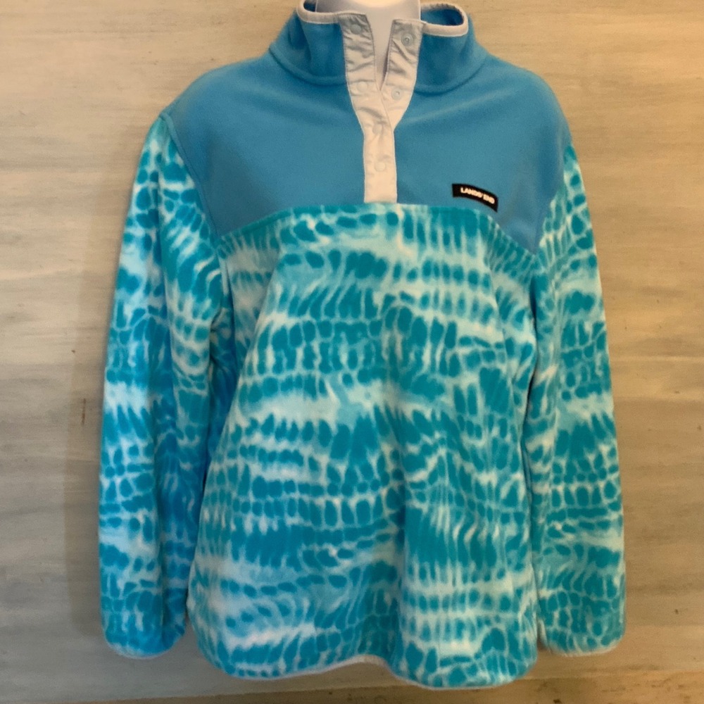 Land's End Aqua Blue Tie Dye Heritage Fleece Pullover Sweatshirt Lg GC